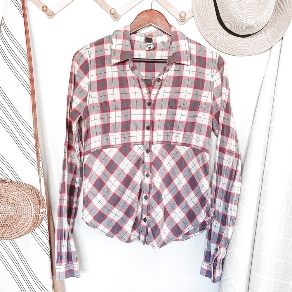 Free People Pink Gray Plaid Button Down Top
